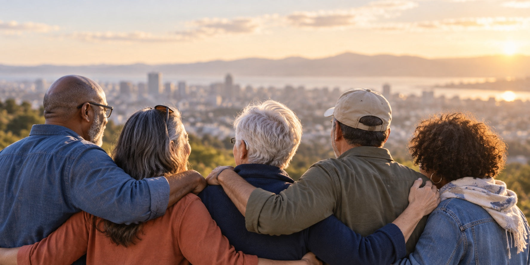 A diverse group of adults standing together with their arms around one another